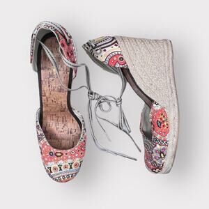 Tommy Hilfiger Womens Espadrille Wedges sz 10 High Heel Boho Paisley Cute Fabric